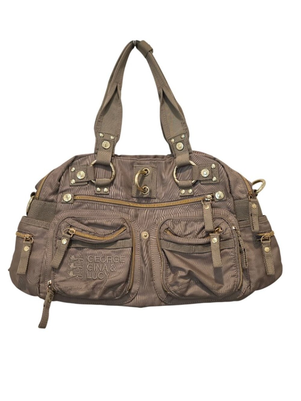 Y2K George Gina & Lucy GGL DOUBLE B Nylon Taupe Shoulder Bag w/ Gold Hardware